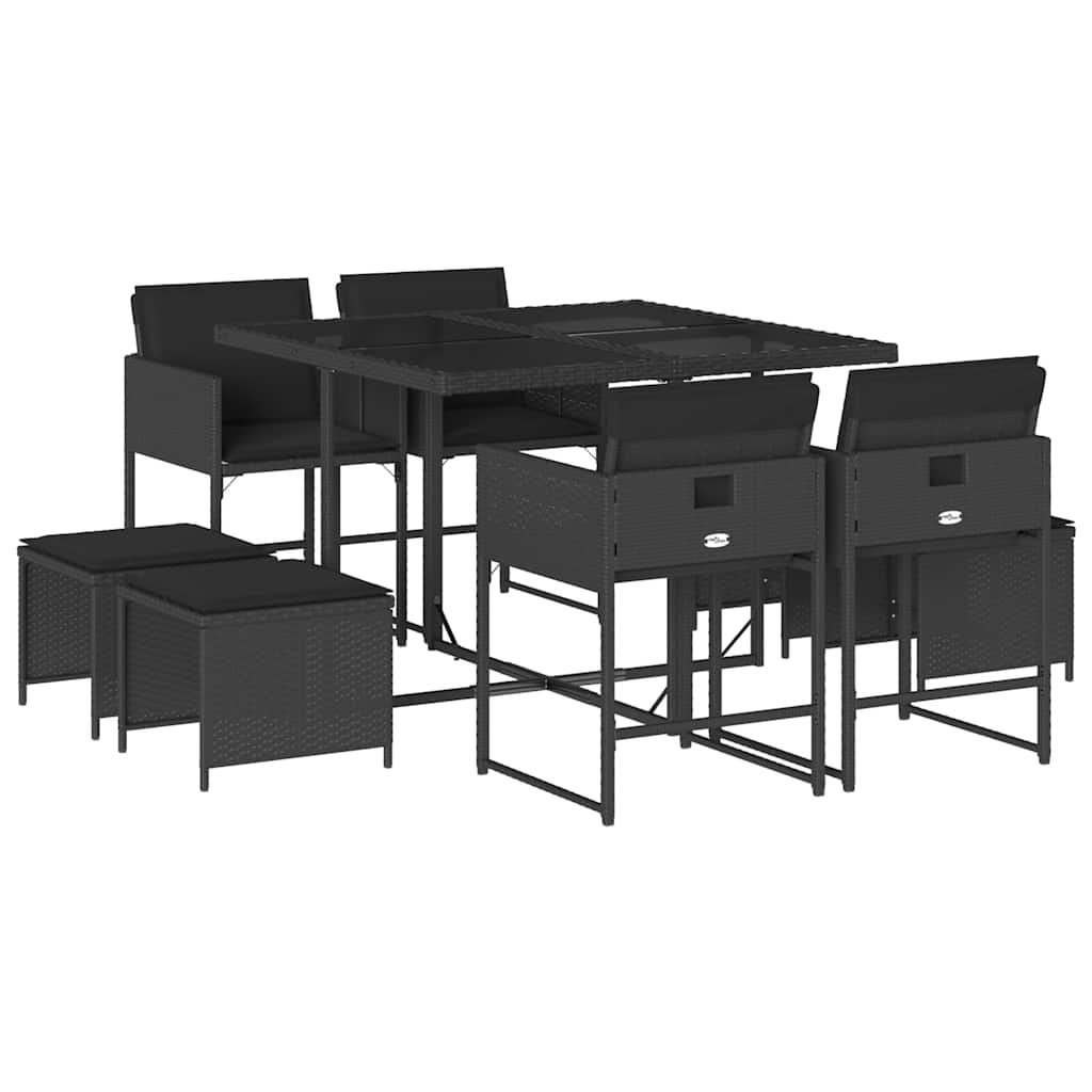 vidaXL 9 Piece Garden Dining Set with Cushions Black Poly Rattan