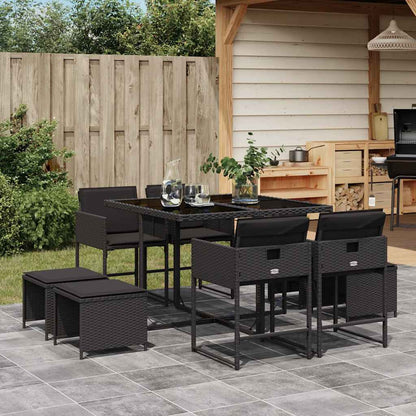 vidaXL 9 Piece Garden Dining Set with Cushions Black Poly Rattan