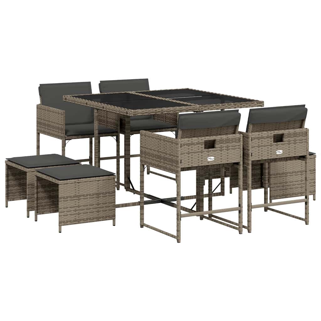 vidaXL 9 Piece Garden Dining Set with Cushions Grey Poly Rattan