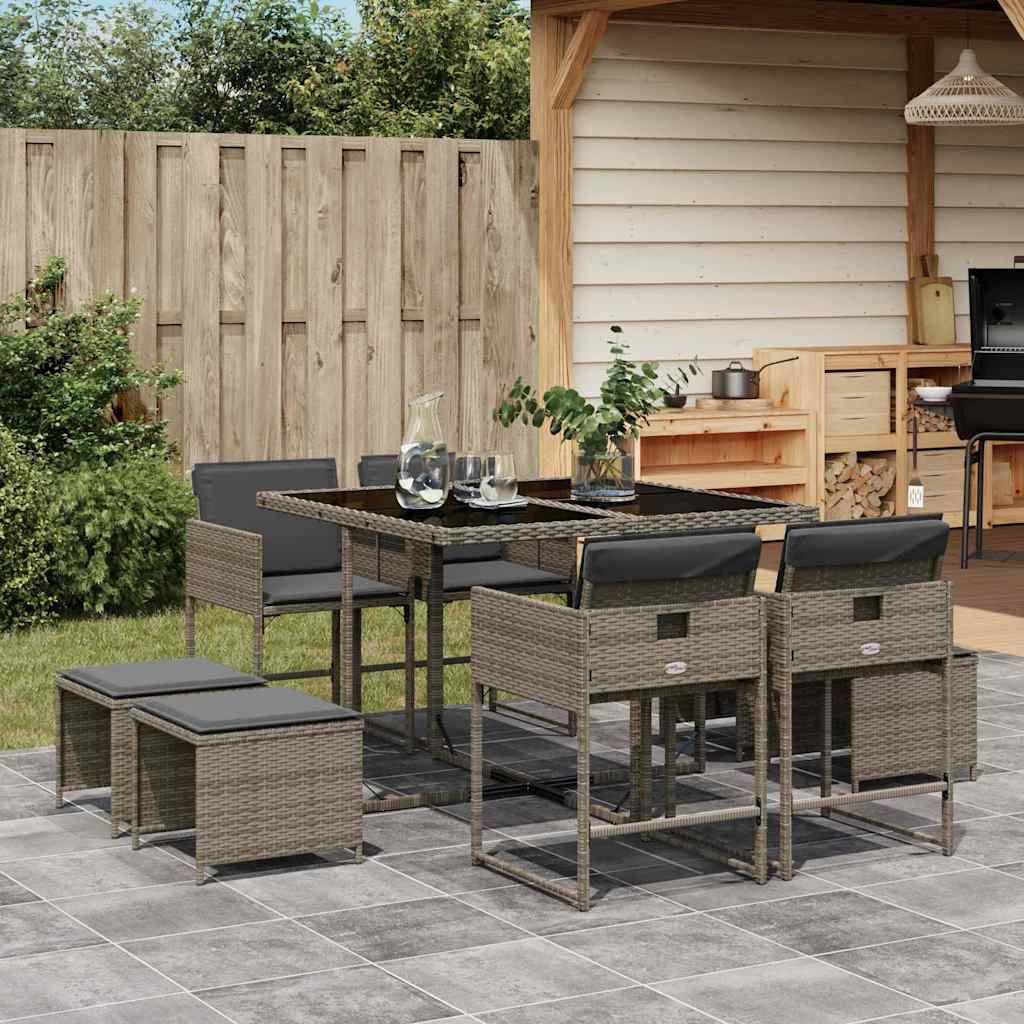 vidaXL 9 Piece Garden Dining Set with Cushions Grey Poly Rattan