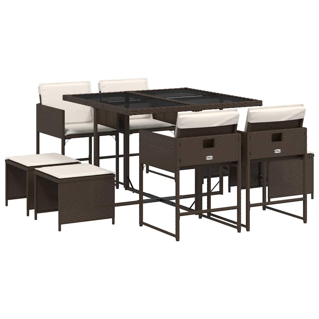 vidaXL 9 Piece Garden Dining Set with Cushions Brown Poly Rattan