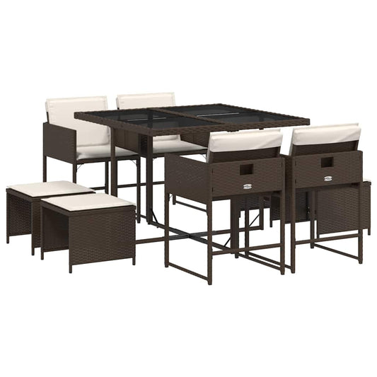 vidaXL 9 Piece Garden Dining Set with Cushions Brown Poly Rattan