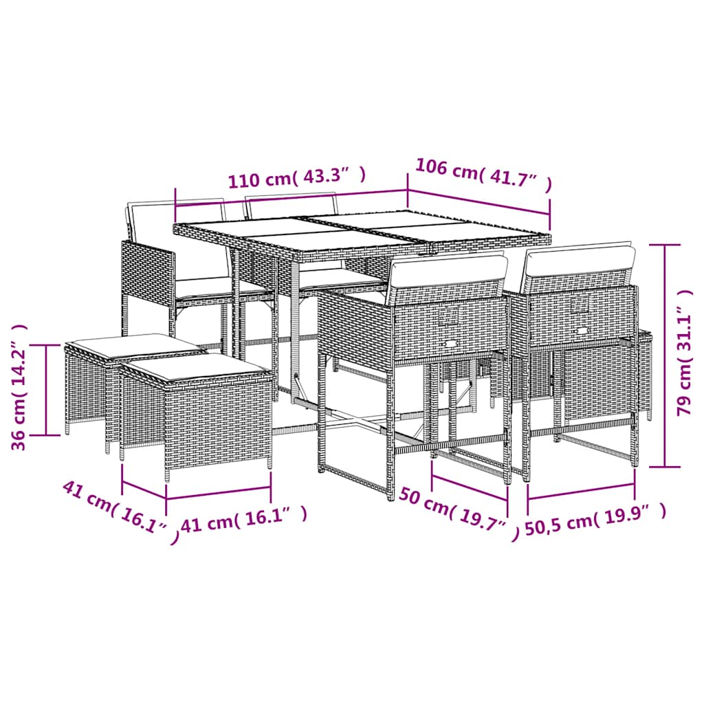 vidaXL 9 Piece Garden Dining Set with Cushions Brown Poly Rattan