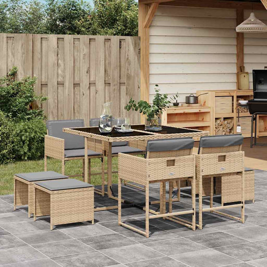vidaXL 9 Piece Garden Dining Set with Cushions Mix Beige Poly Rattan