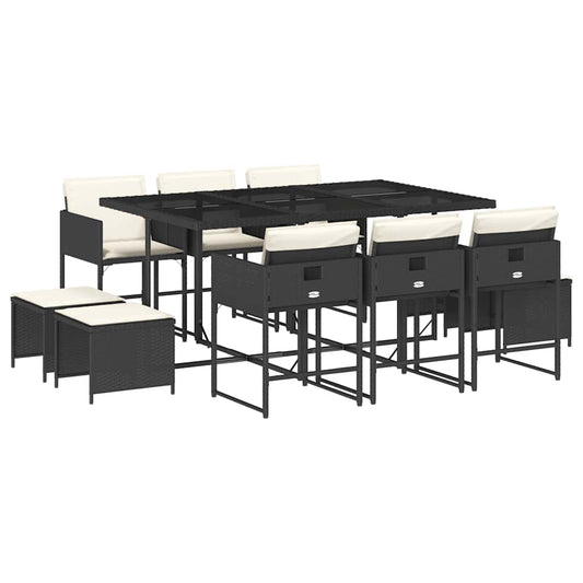 vidaXL 11 Piece Garden Dining Set with Cushions Black Poly Rattan