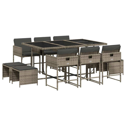 vidaXL 11 Piece Garden Dining Set with Cushions Grey Poly Rattan