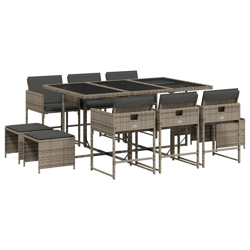 vidaXL 11 Piece Garden Dining Set with Cushions Grey Poly Rattan