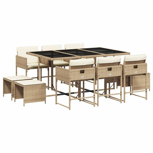vidaXL 11 Piece Garden Dining Set with Cushions Beige Poly Rattan