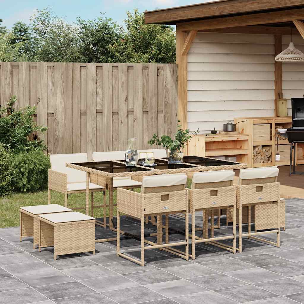 vidaXL 11 Piece Garden Dining Set with Cushions Beige Poly Rattan