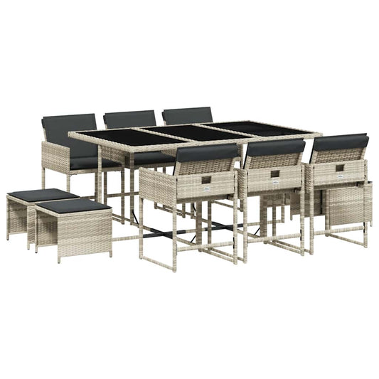 vidaXL 11 Piece Garden Dining Set with Cushions Light Grey Poly Rattan