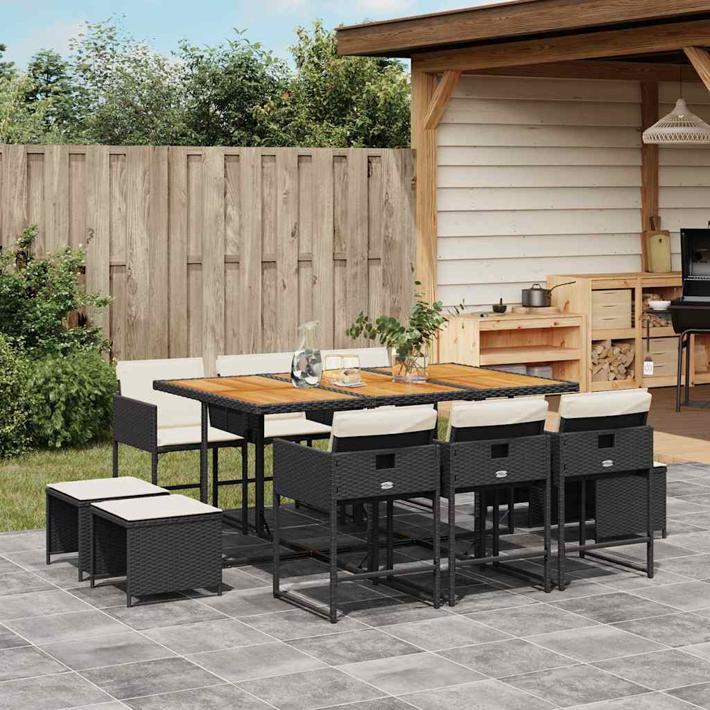 vidaXL 11 Piece Garden Dining Set with Cushions Black Poly Rattan