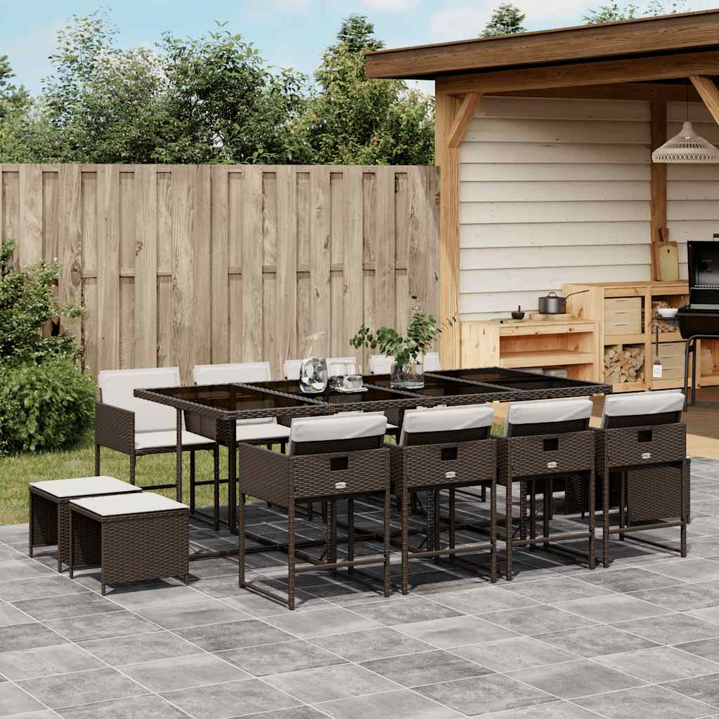 vidaXL 13 Piece Garden Dining Set with Cushions Brown Poly Rattan