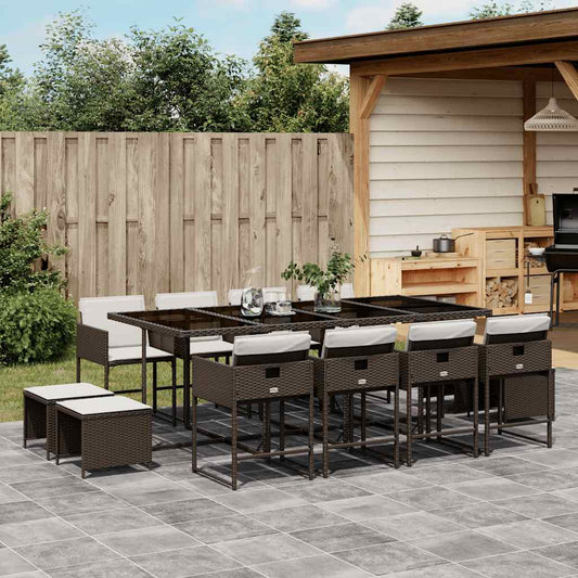vidaXL 13 Piece Garden Dining Set with Cushions Brown Poly Rattan
