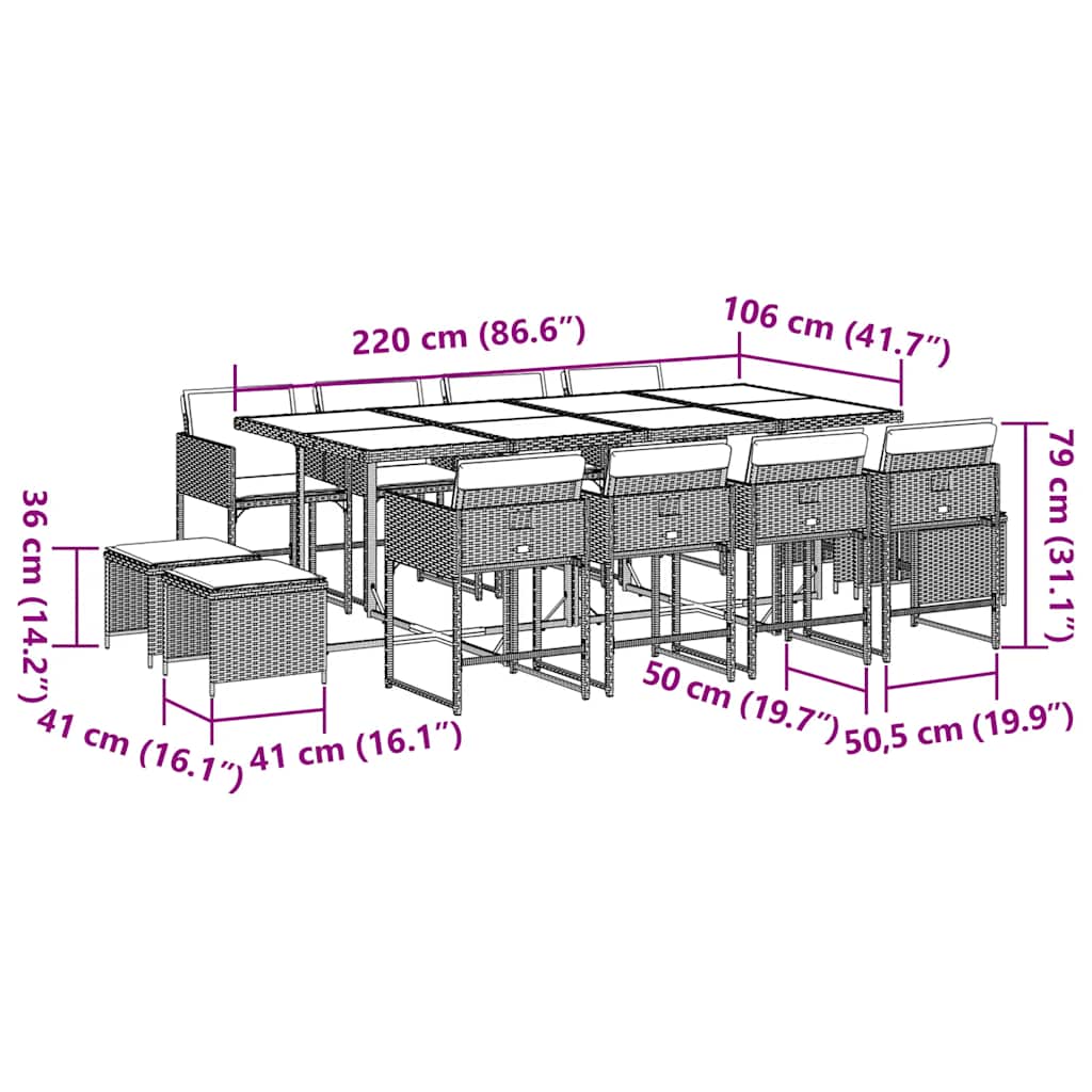 vidaXL 13 Piece Garden Dining Set with Cushions Light Grey Poly Rattan