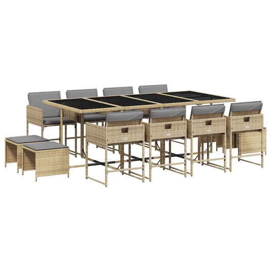 vidaXL 13 Piece Garden Dining Set with Cushions Mix Beige Poly Rattan