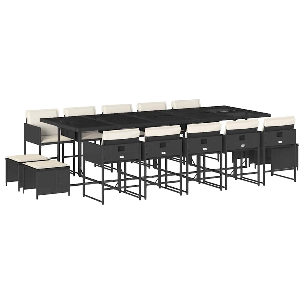 vidaXL 15 Piece Garden Dining Set with Cushions Black Poly Rattan