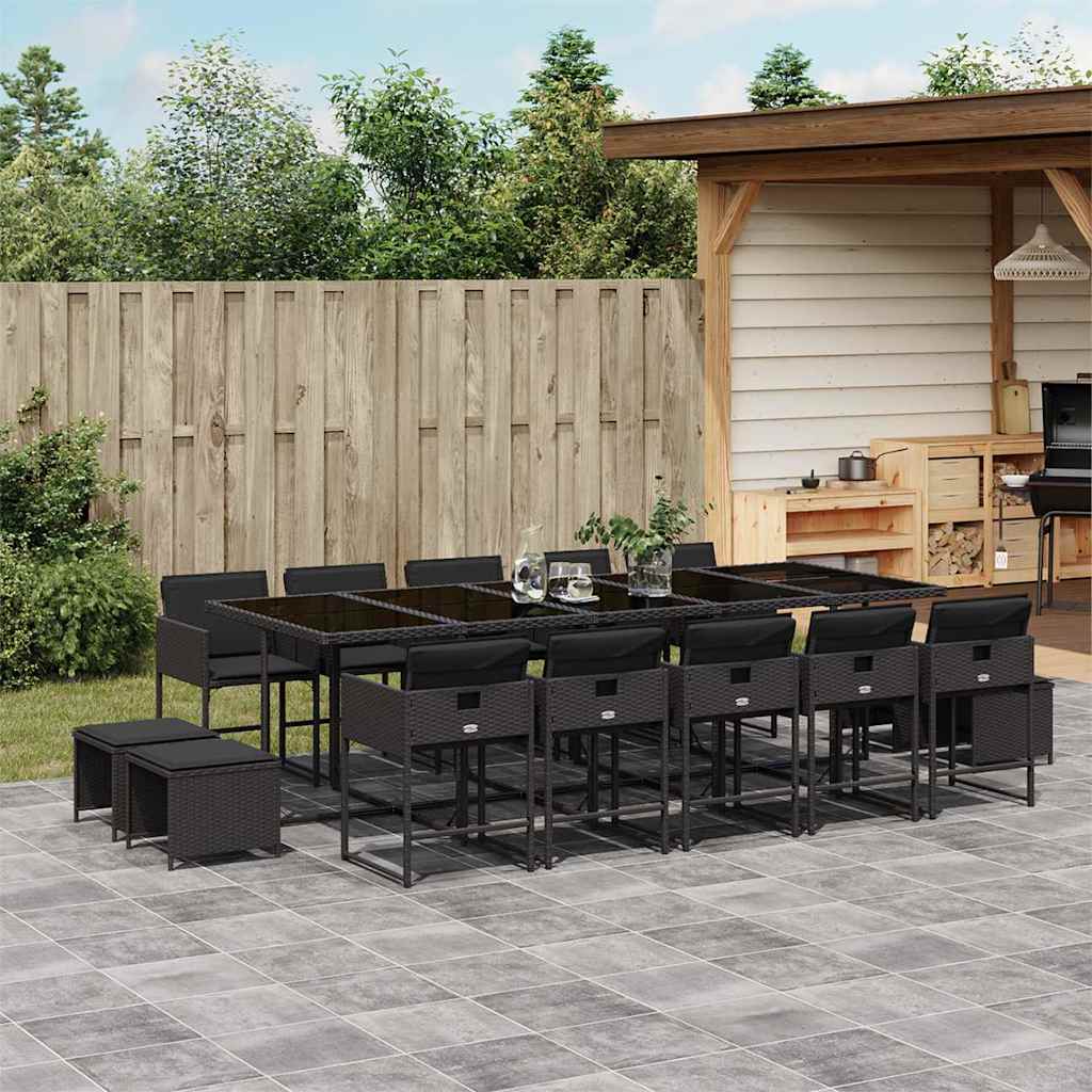 vidaXL 15 Piece Garden Dining Set with Cushions Black Poly Rattan
