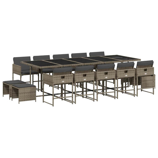 vidaXL 15 Piece Garden Dining Set with Cushions Grey Poly Rattan