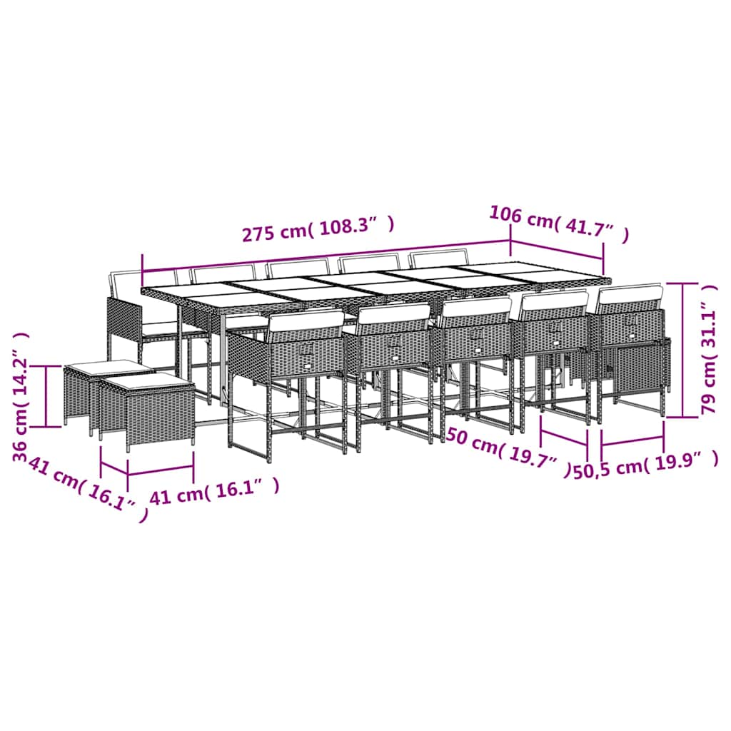 vidaXL 15 Piece Garden Dining Set with Cushions Light Grey Poly Rattan