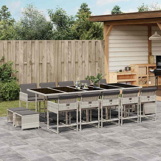 vidaXL 15 Piece Garden Dining Set with Cushions Light Grey Poly Rattan