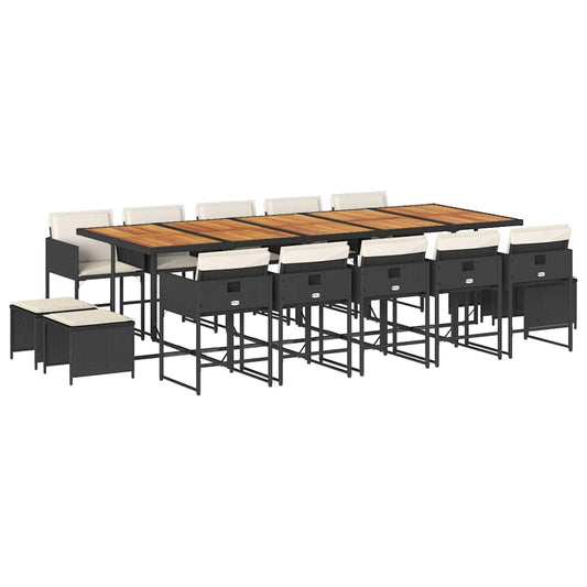 vidaXL 15 Piece Garden Dining Set with Cushions Black Poly Rattan