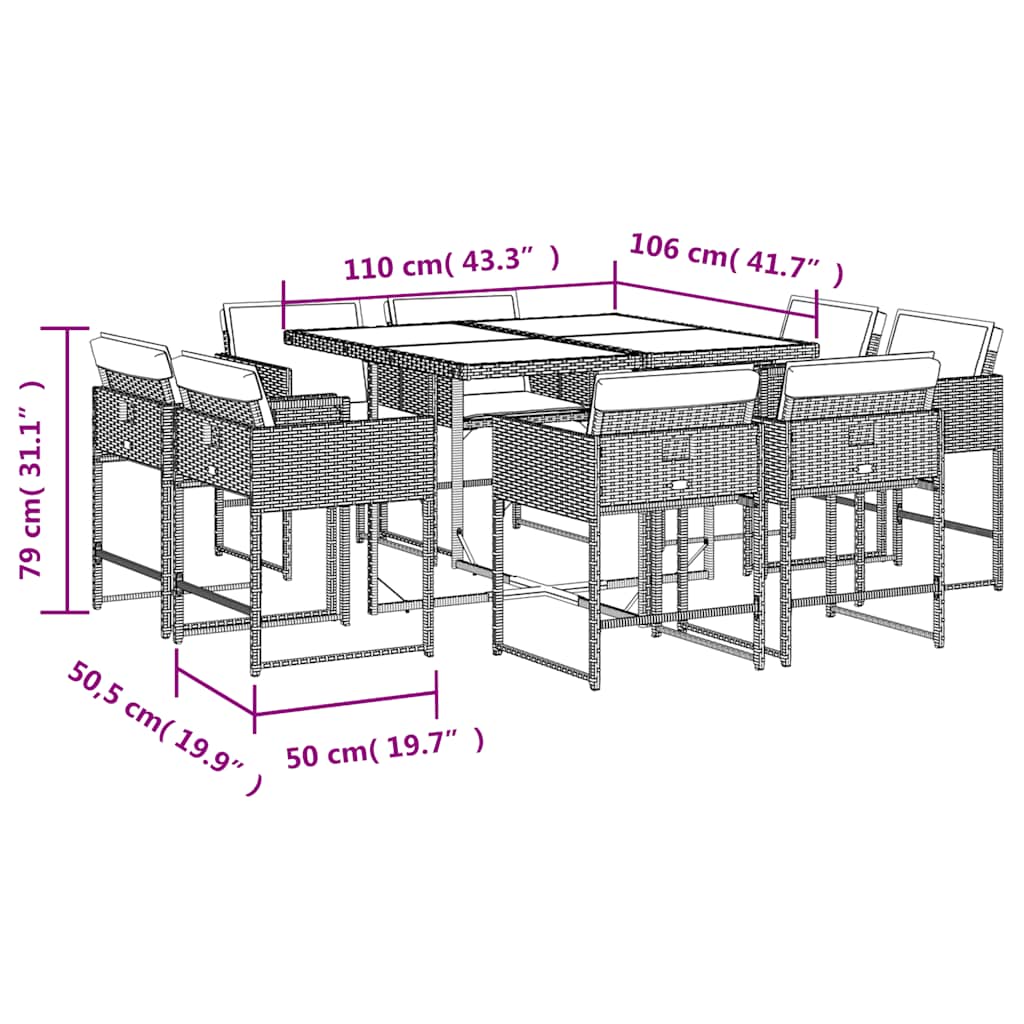vidaXL 9 Piece Garden Dining Set with Cushions Beige Poly Rattan