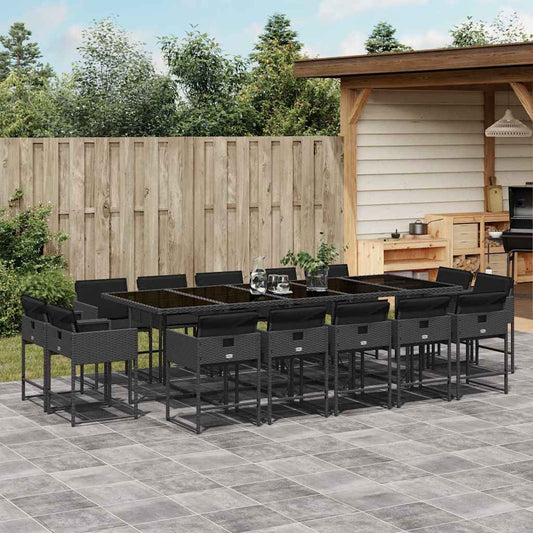vidaXL 15 Piece Garden Dining Set with Cushions Black Poly Rattan