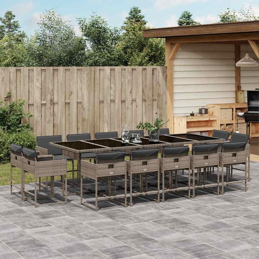vidaXL 15 Piece Garden Dining Set with Cushions Grey Poly Rattan