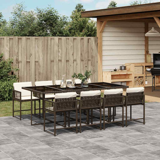 vidaXL 9 Piece Garden Dining Set with Cushions Brown Poly Rattan