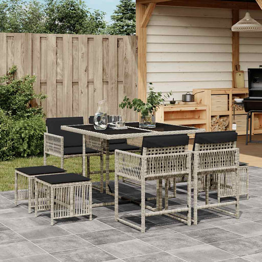 vidaXL 9 Piece Garden Dining Set with Cushions Light Grey Poly Rattan