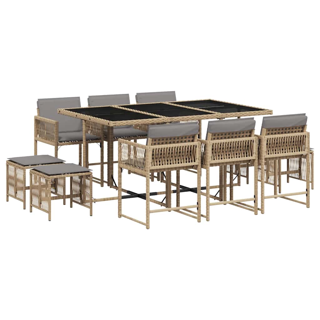vidaXL 11 Piece Garden Dining Set with Cushions Mix Beige Poly Rattan