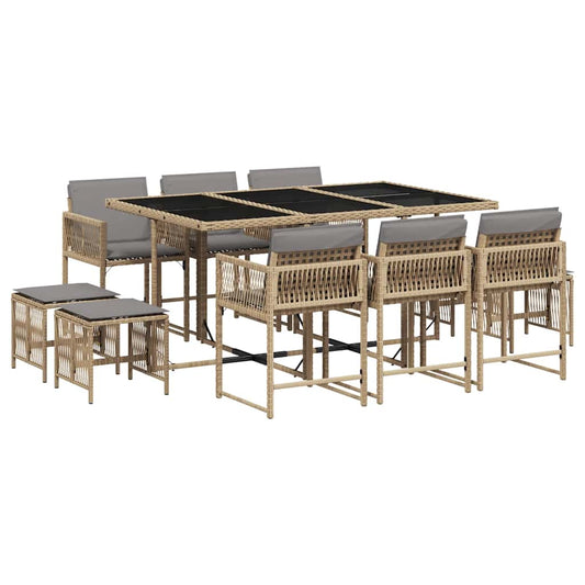 vidaXL 11 Piece Garden Dining Set with Cushions Mix Beige Poly Rattan