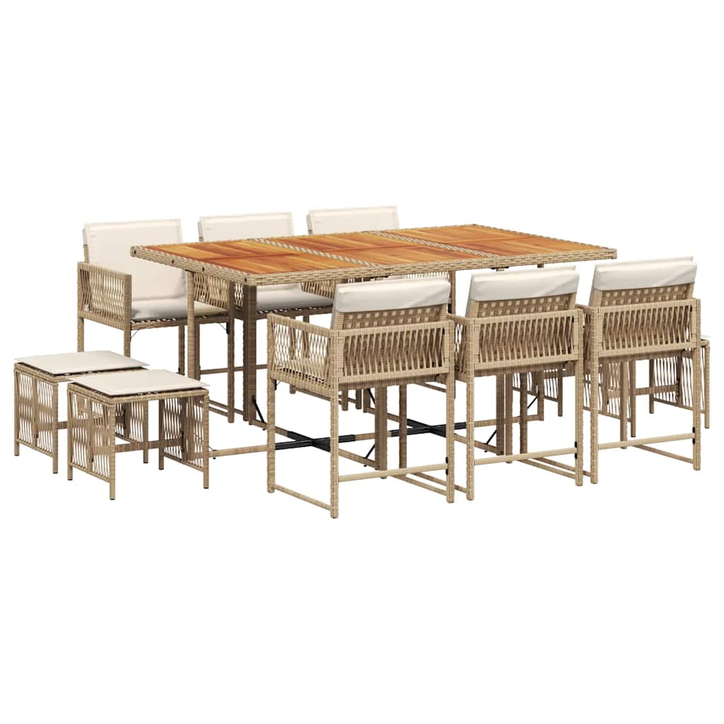 vidaXL 11 Piece Garden Dining Set with Cushions Beige Poly Rattan