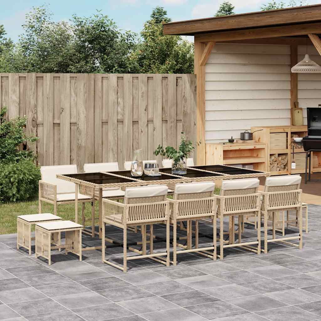 vidaXL 13 Piece Garden Dining Set with Cushions Beige Poly Rattan