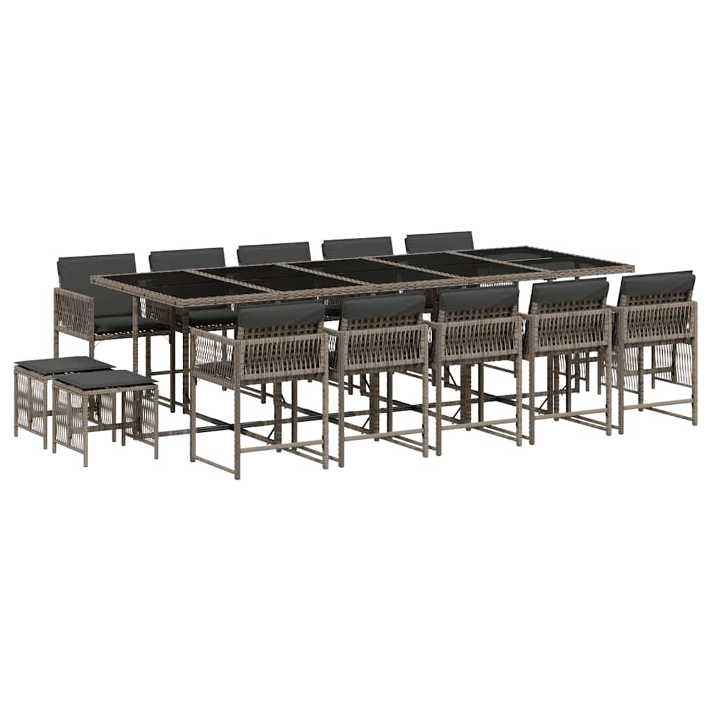 vidaXL 15 Piece Garden Dining Set with Cushions Grey Poly Rattan