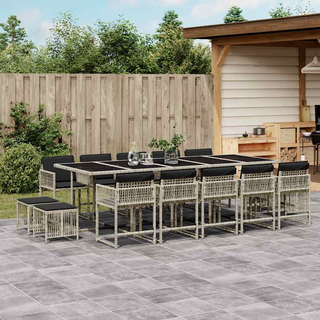 vidaXL 15 Piece Garden Dining Set with Cushions Light Grey Poly Rattan