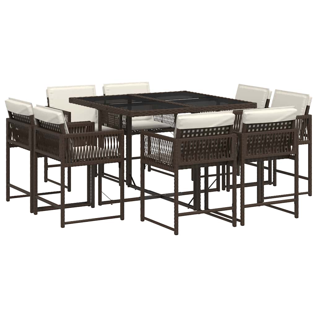 vidaXL 9 Piece Garden Dining Set with Cushions Brown Poly Rattan