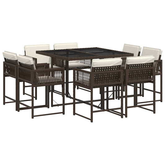 vidaXL 9 Piece Garden Dining Set with Cushions Brown Poly Rattan