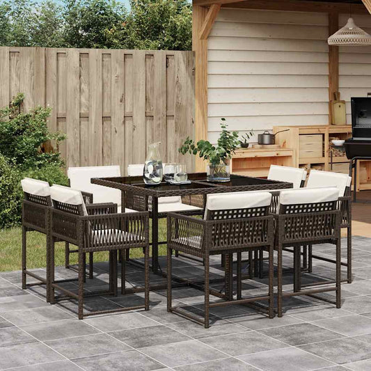 vidaXL 9 Piece Garden Dining Set with Cushions Brown Poly Rattan