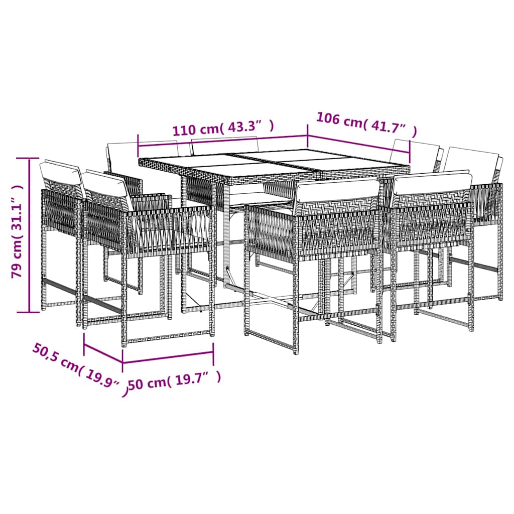 vidaXL 9 Piece Garden Dining Set with Cushions Light Grey Poly Rattan