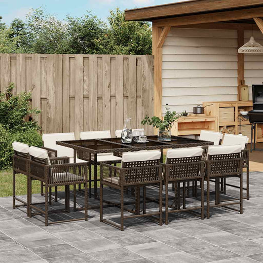 vidaXL 11 Piece Garden Dining Set with Cushions Brown Poly Rattan