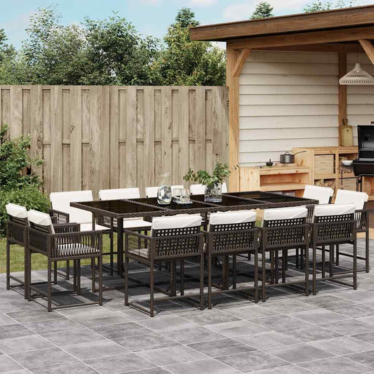 vidaXL 13 Piece Garden Dining Set with Cushions Brown Poly Rattan