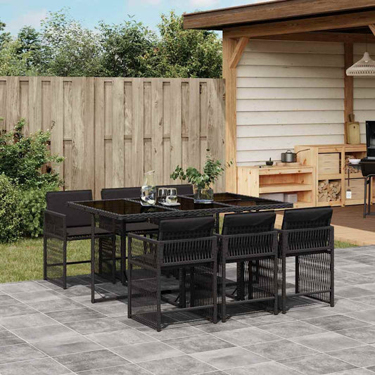 vidaXL 7 Piece Garden Dining Set with Cushions Black Poly Rattan