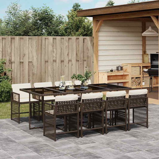 vidaXL 9 Piece Garden Dining Set with Cushions Brown Poly Rattan