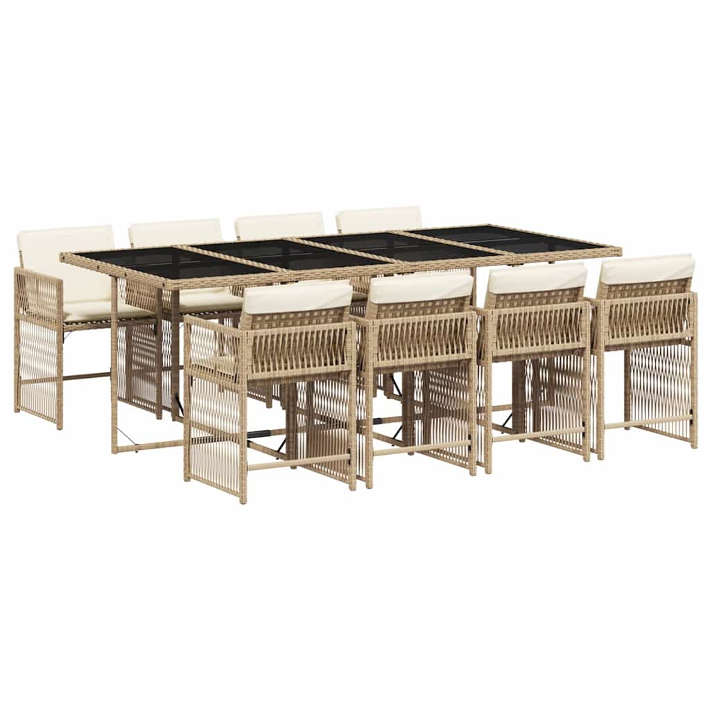 vidaXL 9 Piece Garden Dining Set with Cushions Beige Poly Rattan