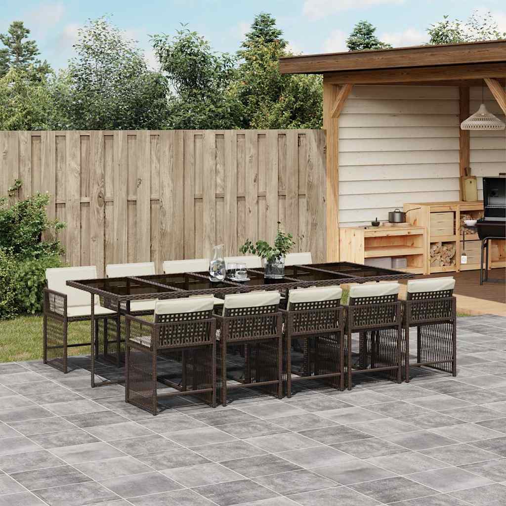 vidaXL 11 Piece Garden Dining Set with Cushions Brown Poly Rattan