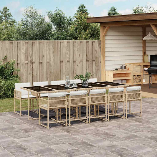 vidaXL 11 Piece Garden Dining Set with Cushions Beige Poly Rattan
