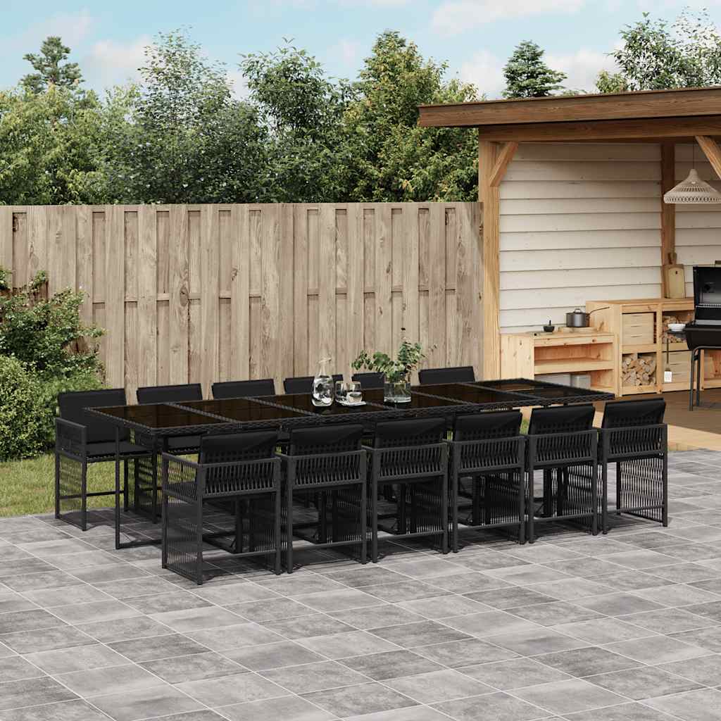 vidaXL 13 Piece Garden Dining Set with Cushions Black Poly Rattan