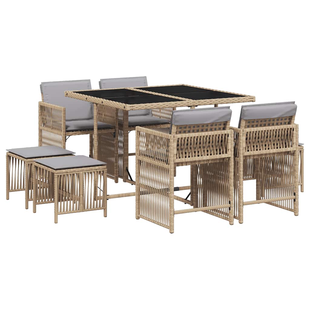vidaXL 9 Piece Garden Dining Set with Cushions Mix Beige Poly Rattan