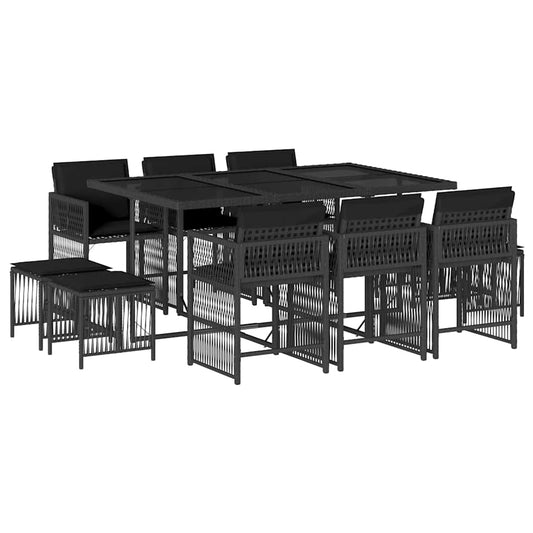 vidaXL 11 Piece Garden Dining Set with Cushions Black Poly Rattan